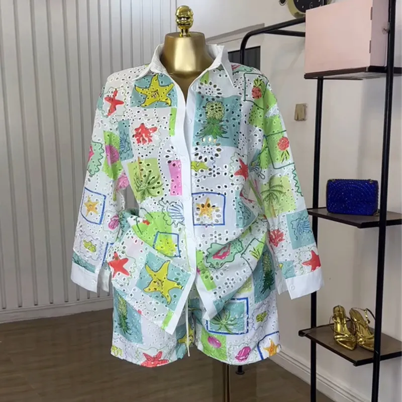 Women Fashion Casual Print Hollow Lapel Long Sleeve Blouse Loose Shorts Two-Piece Set