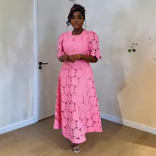 Women Fashion Casual Solid Color Lace Hollow Short-Sleeve Crop Top Loose Maxi Skirts Two-Piece Set