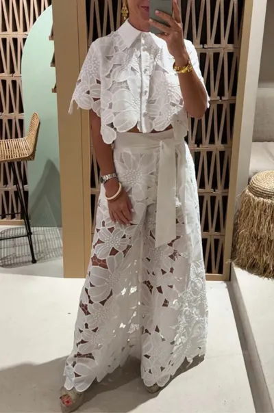 Women Fashion Sexy Solid Color Hollow Lapel Short-Sleeve Crop Top Wide Leg Pants Two-Piece Set