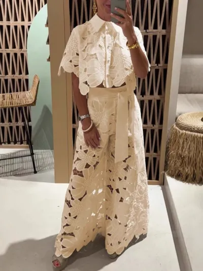 Women Fashion Sexy Solid Color Hollow Lapel Short-Sleeve Crop Top Wide Leg Pants Two-Piece Set
