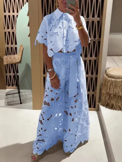 Women Fashion Sexy Solid Color Hollow Lapel Short-Sleeve Crop Top Wide Leg Pants Two-Piece Set
