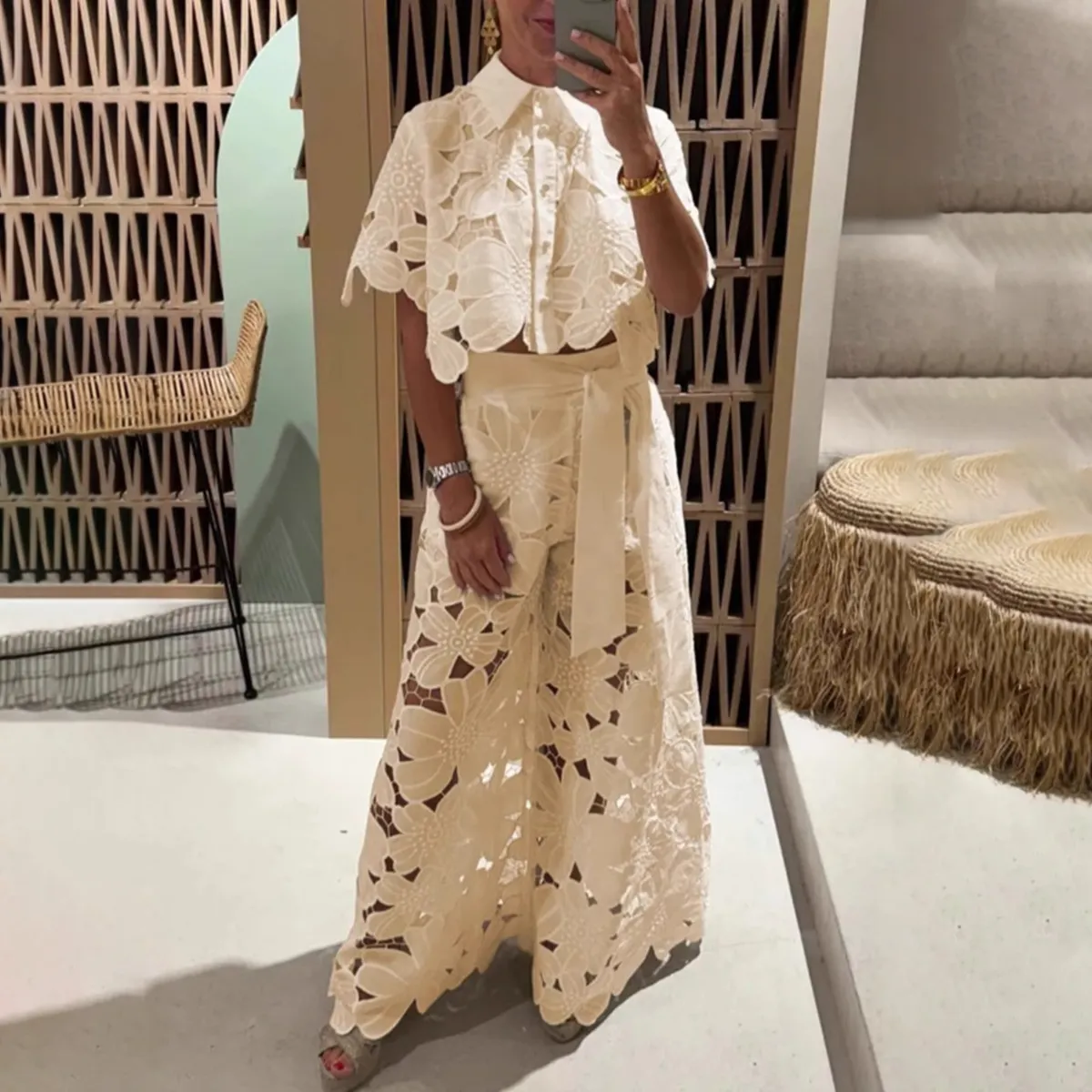 Women Fashion Sexy Solid Color Hollow Lapel Short-Sleeve Crop Top Wide Leg Pants Two-Piece Set
