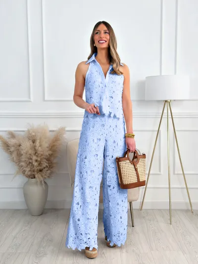 Women Fashion Casual Solid Color Embroidered Hollow V-Neck Sleeveless Tank Top Wide Leg Pants Two-Piece Set