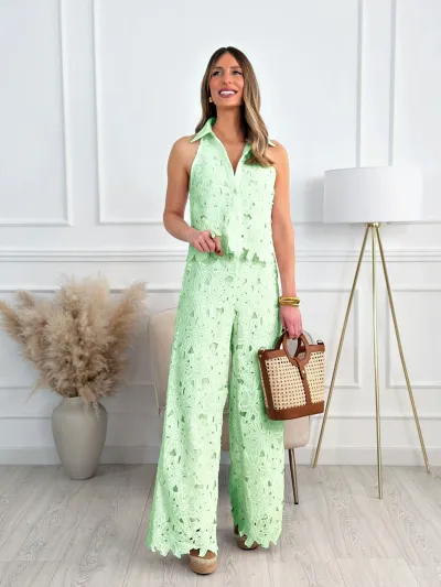 Women Fashion Casual Solid Color Embroidered Hollow V-Neck Sleeveless Tank Top Wide Leg Pants Two-Piece Set