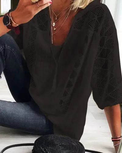 Women Fashion Casual Solid Color Lace Hollow Stitching U-Neck Short-Sleeve Blouse