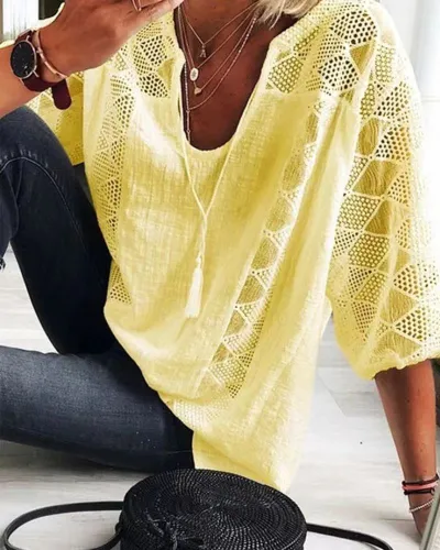 Women Fashion Casual Solid Color Lace Hollow Stitching U-Neck Short-Sleeve Blouse