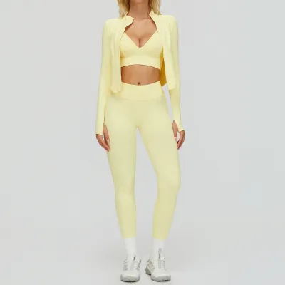 Women Fashion Solid Color Seamless Bra Long-Sleeve Jacket Tight Leggings Sports Yoga Three-Piece Set