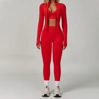 Women Fashion Solid Color Seamless Bra Long-Sleeve Jacket Tight Leggings Sports Yoga Three-Piece Set