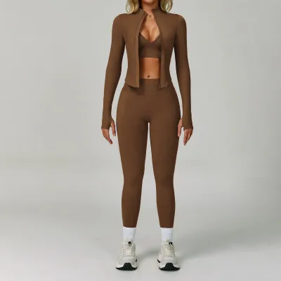 Women Fashion Solid Color Seamless Bra Long-Sleeve Jacket Tight Leggings Sports Yoga Three-Piece Set