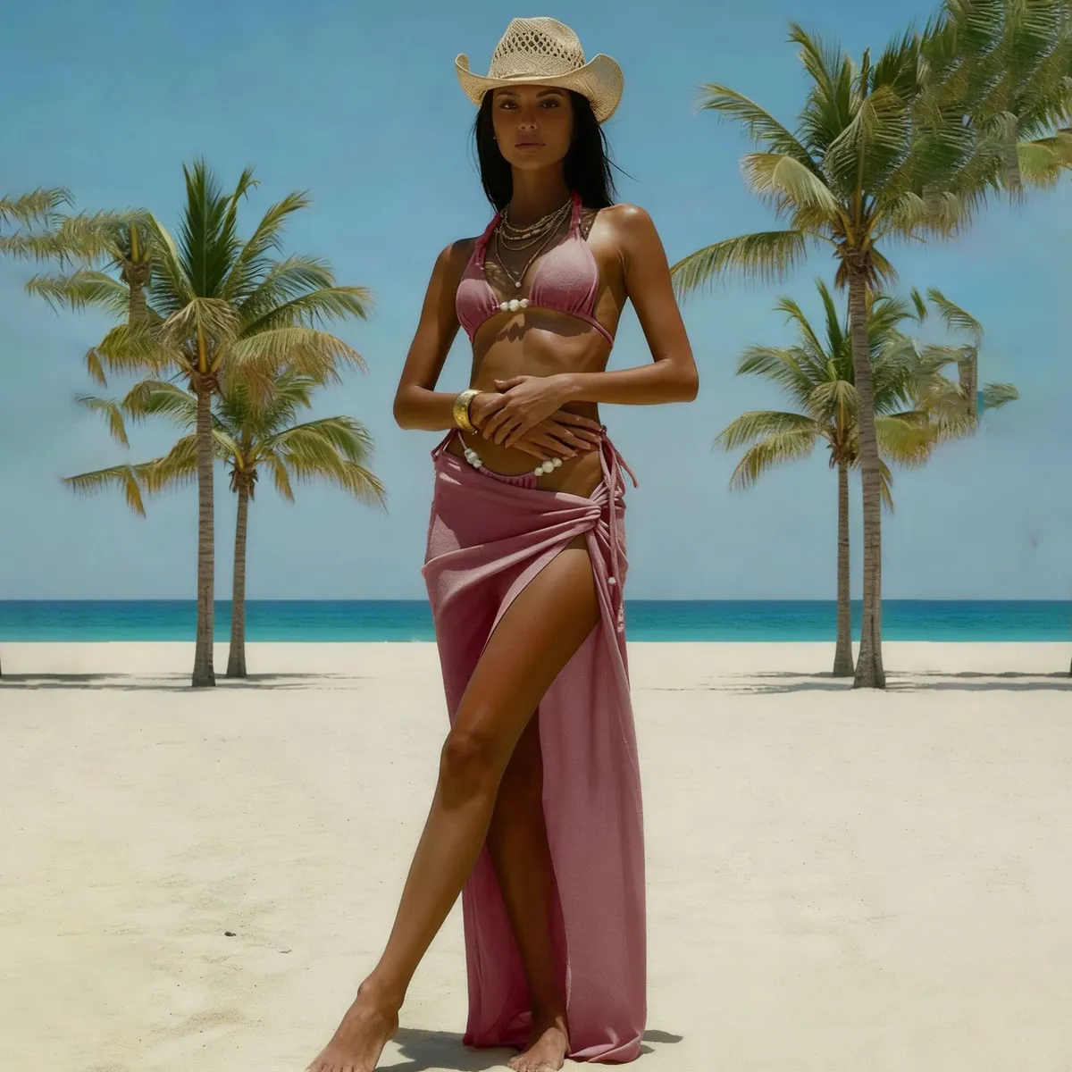 Women Fashion Sexy Solid Color Pearl Beaded Bikini Long Skirt Swimsuit Three-Piece Set
