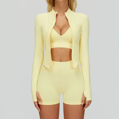 Women Fashion Solid Color Seamless Bra Long-Sleeve Jacket Tight Shorts Sports Yoga Three-Piece Set