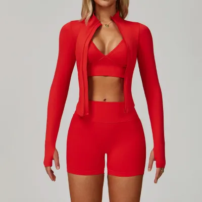 Women Fashion Solid Color Seamless Bra Long-Sleeve Jacket Tight Shorts Sports Yoga Three-Piece Set