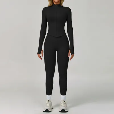 Women Fashion Solid Color Seamless Quick-Drying Long-Sleeve Jacket Tight Leggings Sports Yoga Two-Piece Set