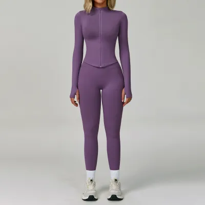 Women Fashion Solid Color Seamless Quick-Drying Long-Sleeve Jacket Tight Leggings Sports Yoga Two-Piece Set