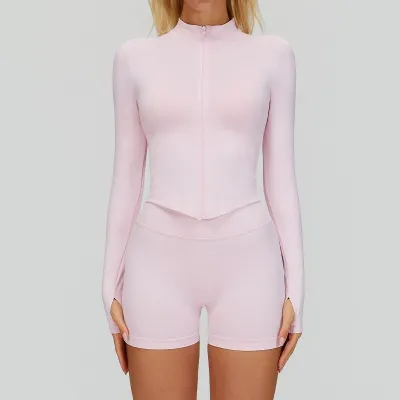Women Fashion Solid Color Seamless Quick-Drying long-sleeve jacket Tight Shorts Sports Yoga Two-Piece Set
