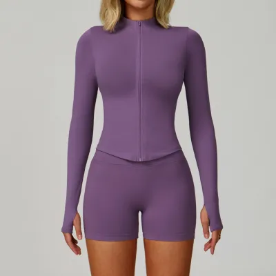 Women Fashion Solid Color Seamless Quick-Drying long-sleeve jacket Tight Shorts Sports Yoga Two-Piece Set