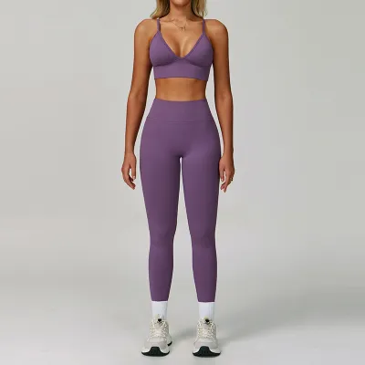Women Fashion Sexy Solid Color Seamless Quick-Drying Bra Tight Legging Sports Yoga Two-Piece Set