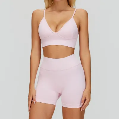 Women Fashion Sexy Solid Color Seamless Quick-Drying Bra Tight Shorts Sports Yoga Two-Piece Set