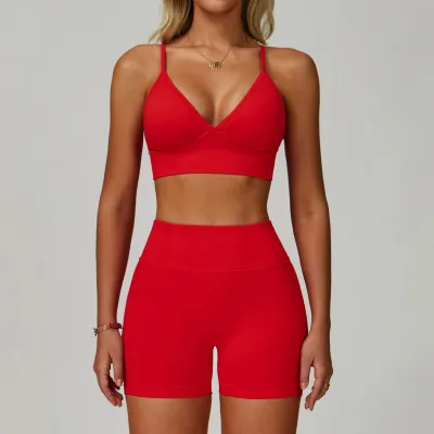 Women Fashion Sexy Solid Color Seamless Quick-Drying Bra Tight Shorts Sports Yoga Two-Piece Set