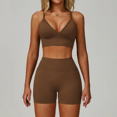 Women Fashion Sexy Solid Color Seamless Quick-Drying Bra Tight Shorts Sports Yoga Two-Piece Set