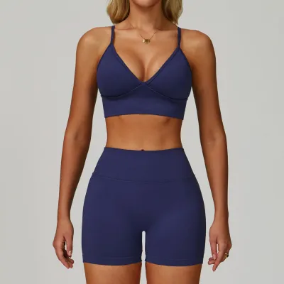Women Fashion Sexy Solid Color Seamless Quick-Drying Bra Tight Shorts Sports Yoga Two-Piece Set