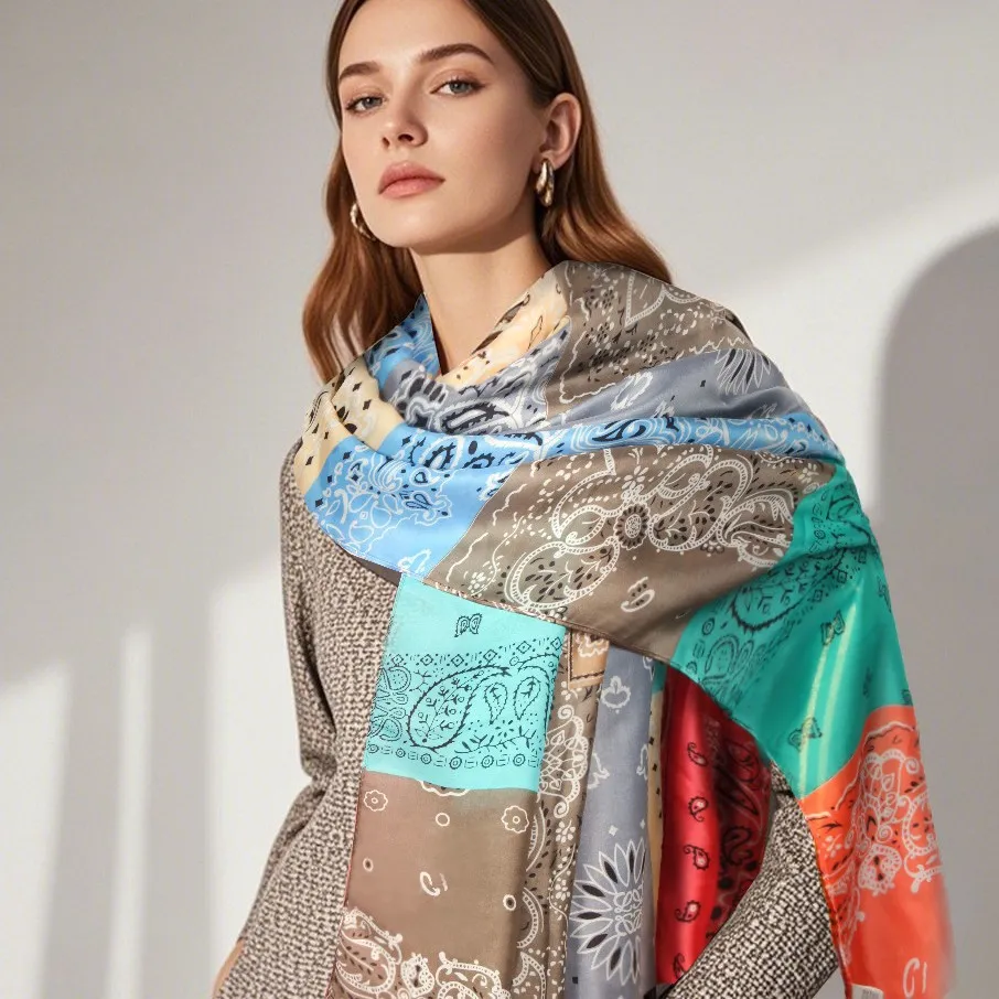 Women Fashion Casual Cashew Printed Silk Satin Scarf