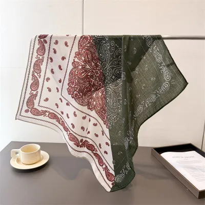 Women Fashion Casual Cashew Herringbone Cotton Linen Square Silk Scarf