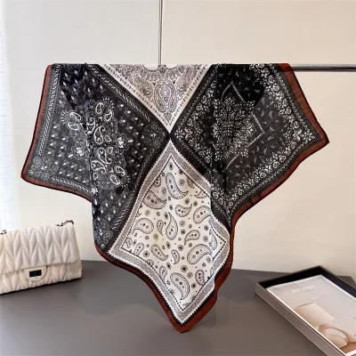 Women Fashion Casual Cashew Herringbone Cotton Linen Square Silk Scarf