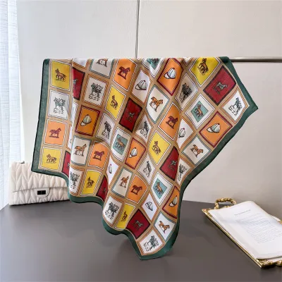 Women Fashion Casual Cashew Herringbone Cotton Linen Square Silk Scarf