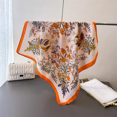 Women Fashion Casual Cashew Herringbone Cotton Linen Square Silk Scarf