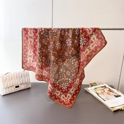 Women Fashion Casual Cashew Herringbone Cotton Linen Square Silk Scarf