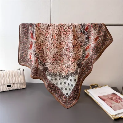 Women Fashion Casual Cashew Herringbone Cotton Linen Square Silk Scarf