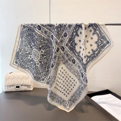 Women Fashion Casual Cotton Linen Pattern Printed Small Square Silk Scarf