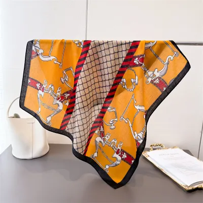 Women Fashion Casual Cotton Linen Pattern Printed Small Square Silk Scarf