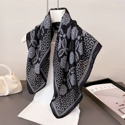 Women Fashion Casual Cotton Linen Pattern Printed Small Square Silk Scarf
