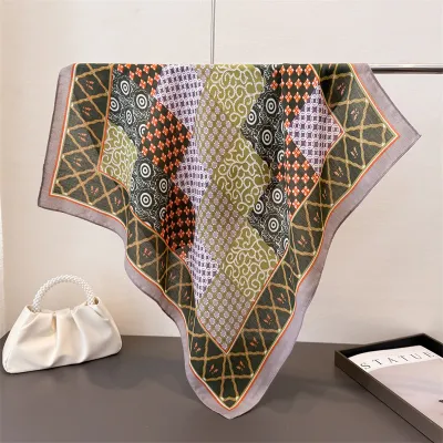 Women Fashion Casual Cotton Linen Pattern Printed Small Square Silk Scarf