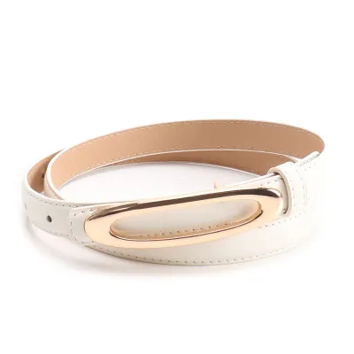 Women Fashion Casual Solid Color Gold Oval Flat Buckle Faux Leather Belt