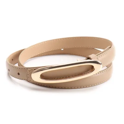 Women Fashion Casual Solid Color Gold Oval Flat Buckle Faux Leather Belt