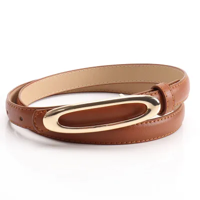 Women Fashion Casual Solid Color Gold Oval Flat Buckle Faux Leather Belt