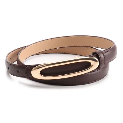 Women Fashion Casual Solid Color Gold Oval Flat Buckle Faux Leather Belt