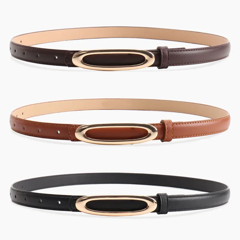 Women Fashion Casual Solid Color Gold Oval Flat Buckle Faux Leather Belt