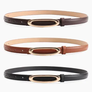 Women Fashion Casual Solid Color Gold Oval Flat Buckle Faux Leather Belt