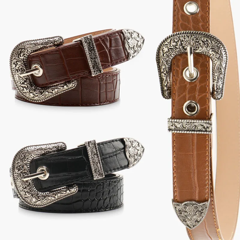 Women Fashion Retro Patterned Decorative Belt with Alloy Buckle