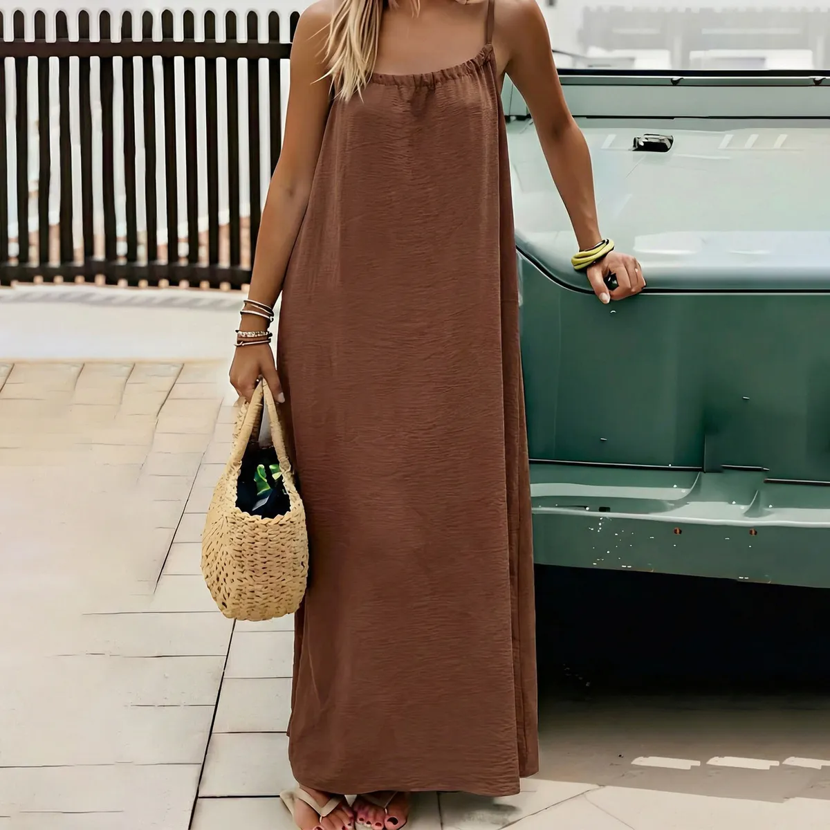 Vacation Women Fashion Casual Simple Solid Color Sleeveless Backless Loose Dress