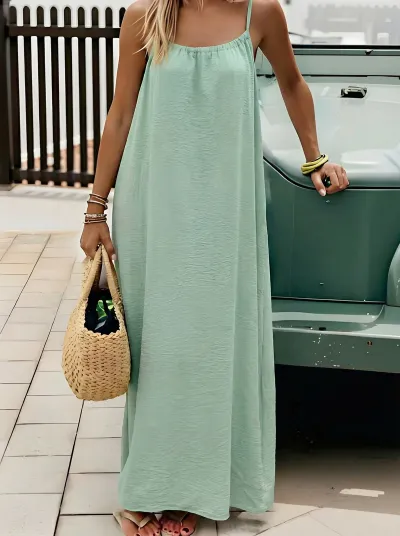 Vacation Women Fashion Casual Simple Solid Color Sleeveless Backless Loose Dress