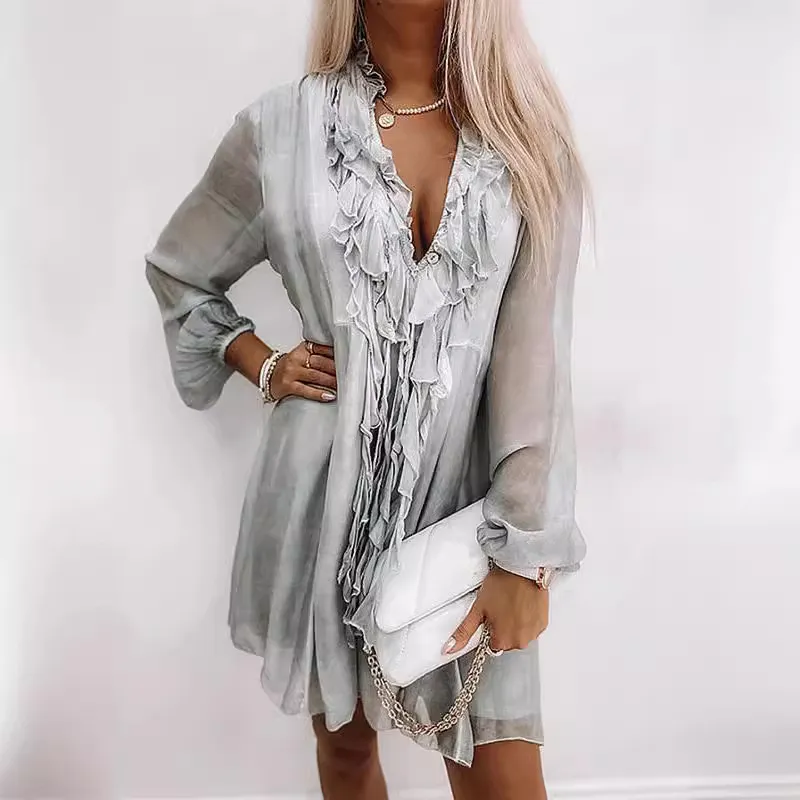 Women Fashion Casual V-Neck Long-Sleeve Ruffle Loose Dress