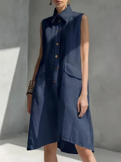 Women Fashion Casual Cotton Linen Solid Color Lapel Sleeveless Loose Dress