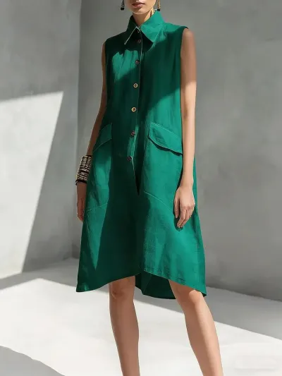 Women Fashion Casual Cotton Linen Solid Color Lapel Sleeveless Loose Dress