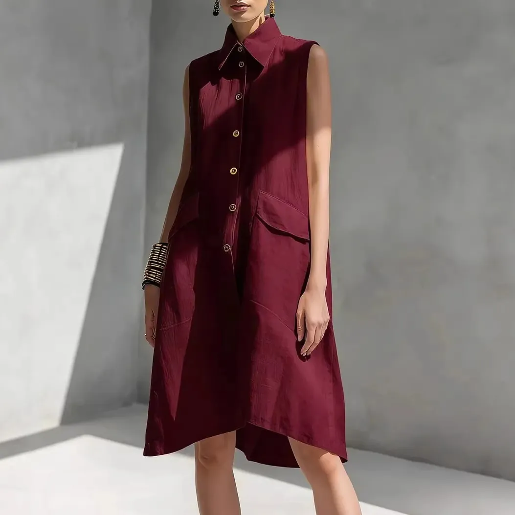 Women Fashion Casual Cotton Linen Solid Color Lapel Sleeveless Loose Dress
