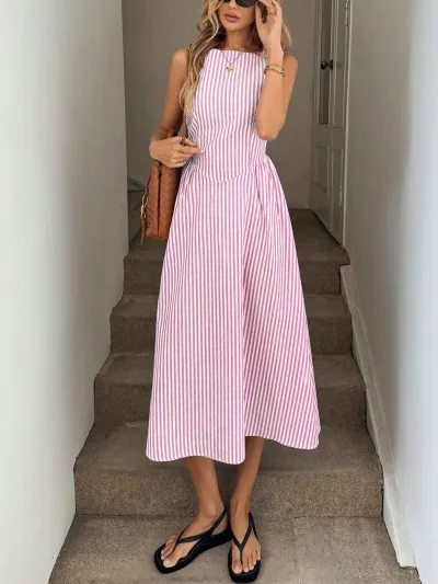 Women Fashion Casual Stripe Sleeveless Loose A-Line Dress